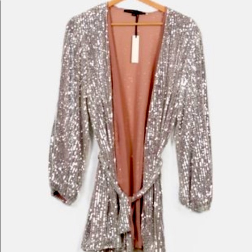FENFENLU&STUDIO long sleeve, silver, sparkle, wrap dress.  Never worn!
